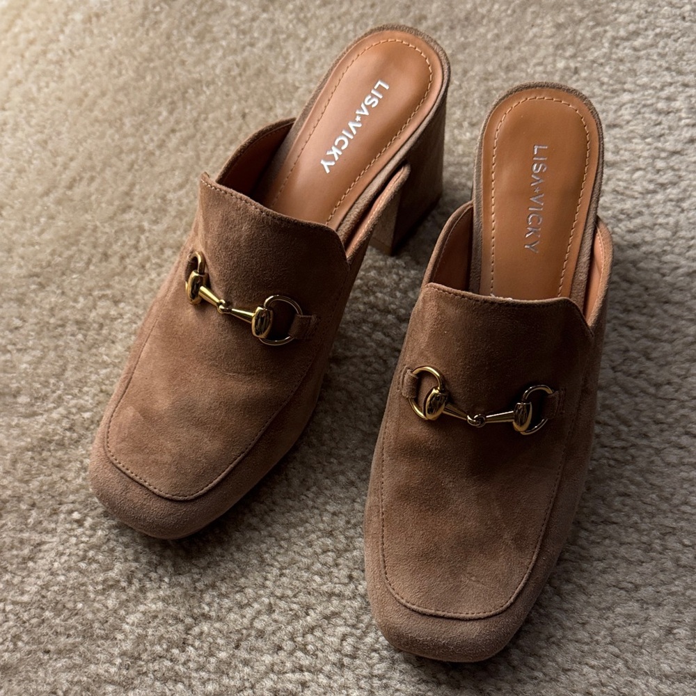 LISAVICKY Brown Suede Mules with Gold Accent